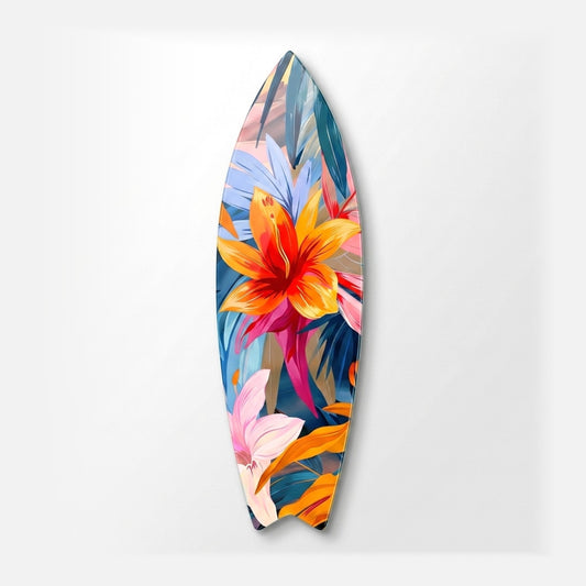 Renkli Tropikal Çiçekler ve Palmiye Yaprakları Surf Board Cam Tablo