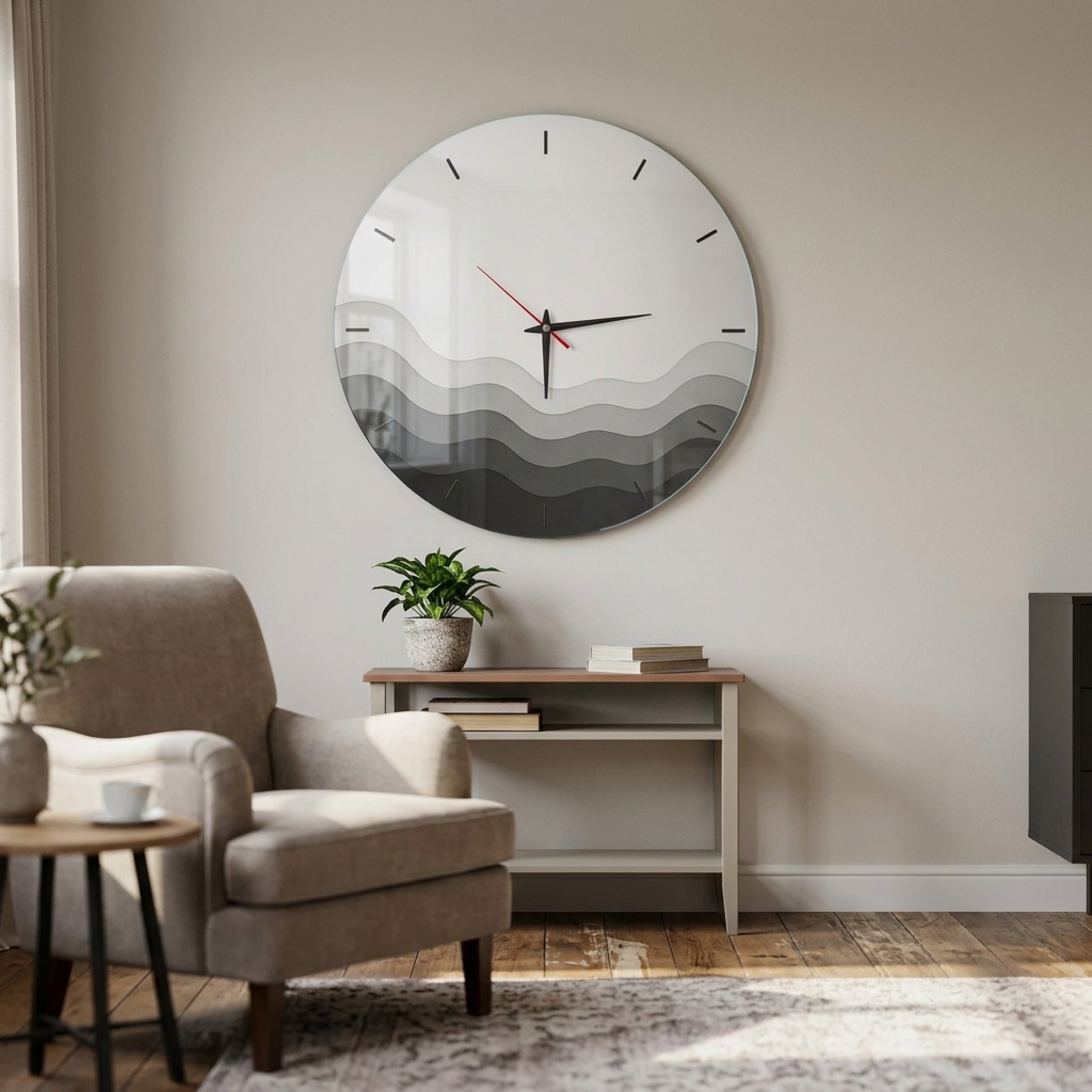 Modern Dalga Detaylı Minimalist Saat Cam Saat