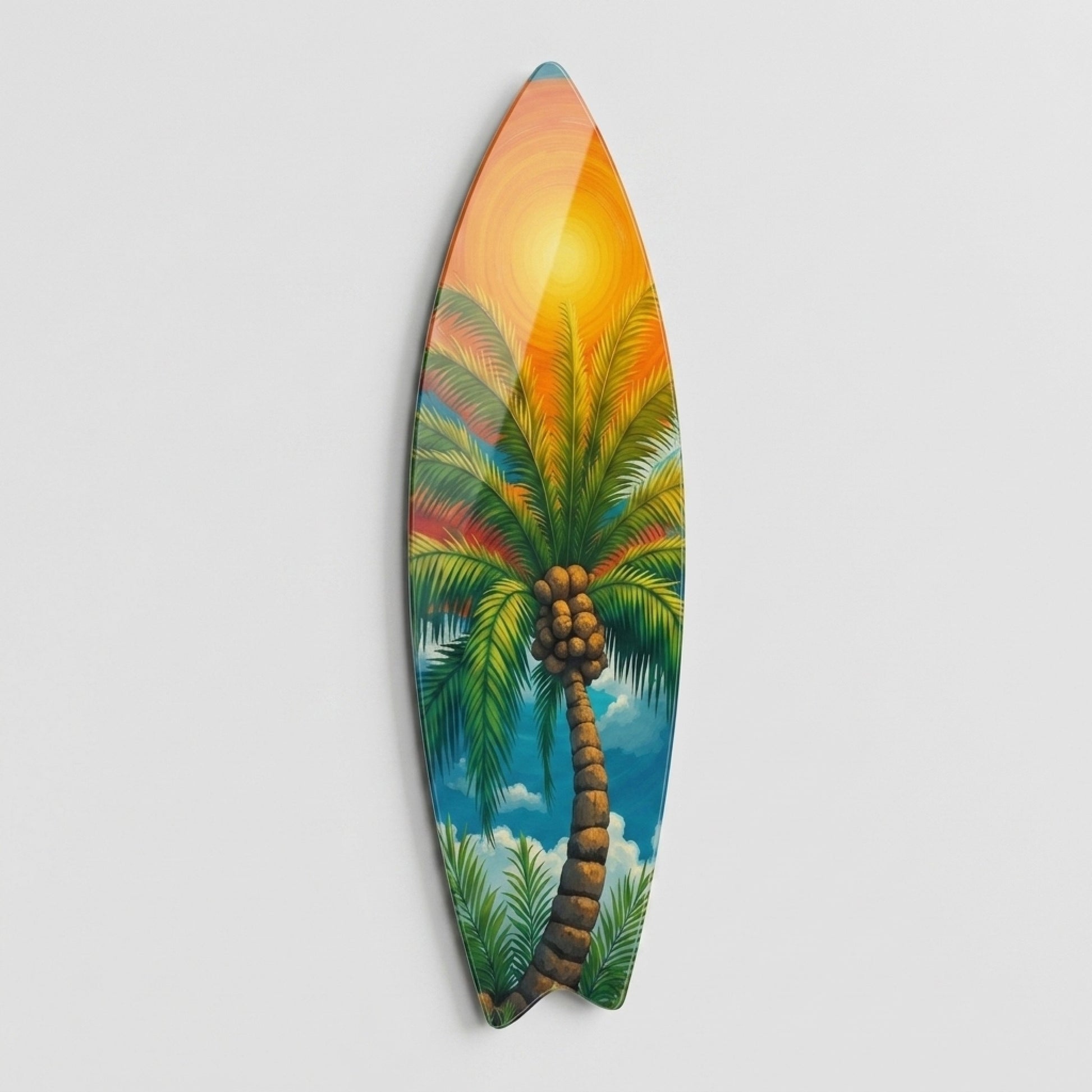 Renkli Tropikal Gunesli Palmiye Agaci Sanati Surf Board Cam Tablo