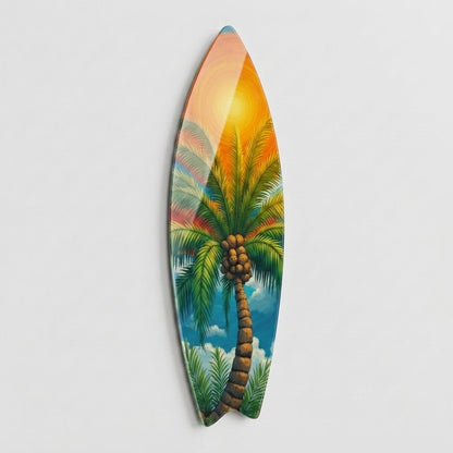 Renkli Tropikal Gunesli Palmiye Agaci Sanati Surf Board Cam Tablo