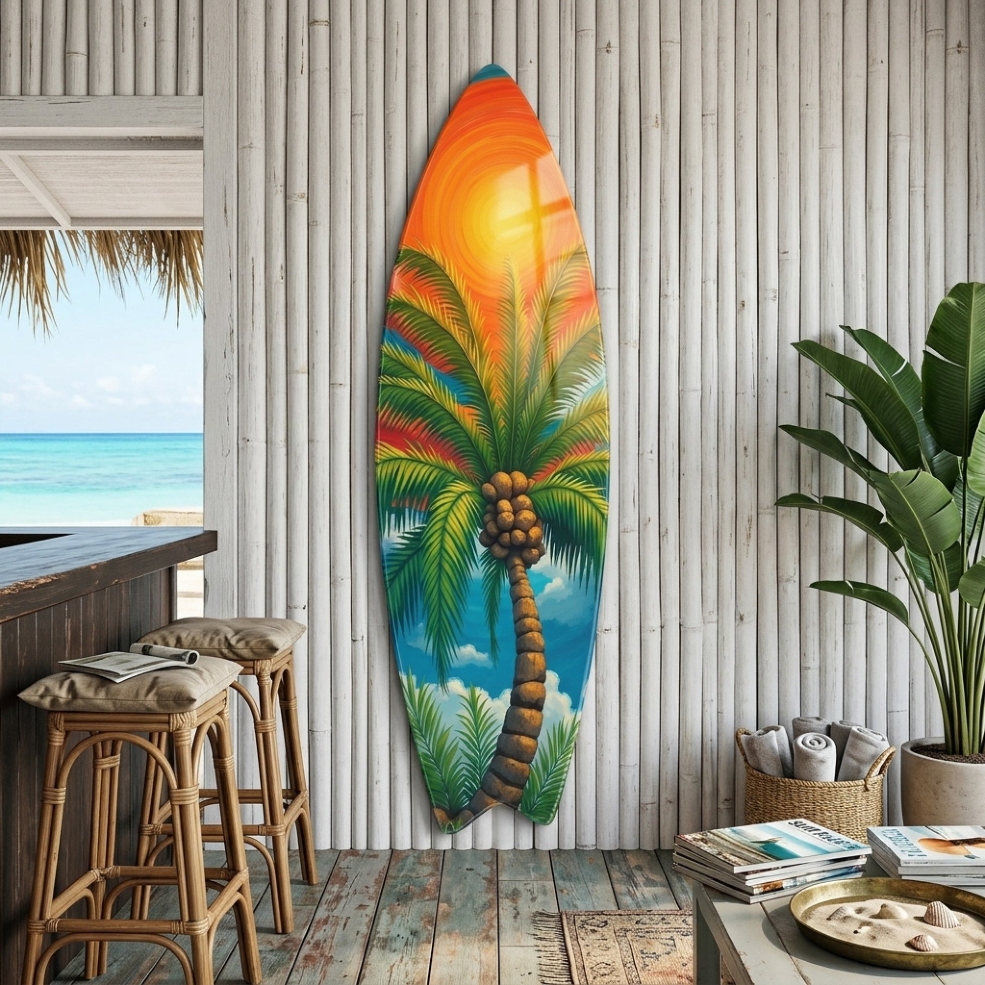 Renkli Tropikal Gunesli Palmiye Agaci Sanati Surf Board Cam Tablo