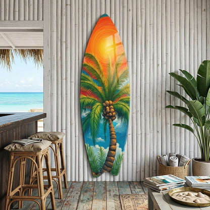 Renkli Tropikal Gunesli Palmiye Agaci Sanati Surf Board Cam Tablo