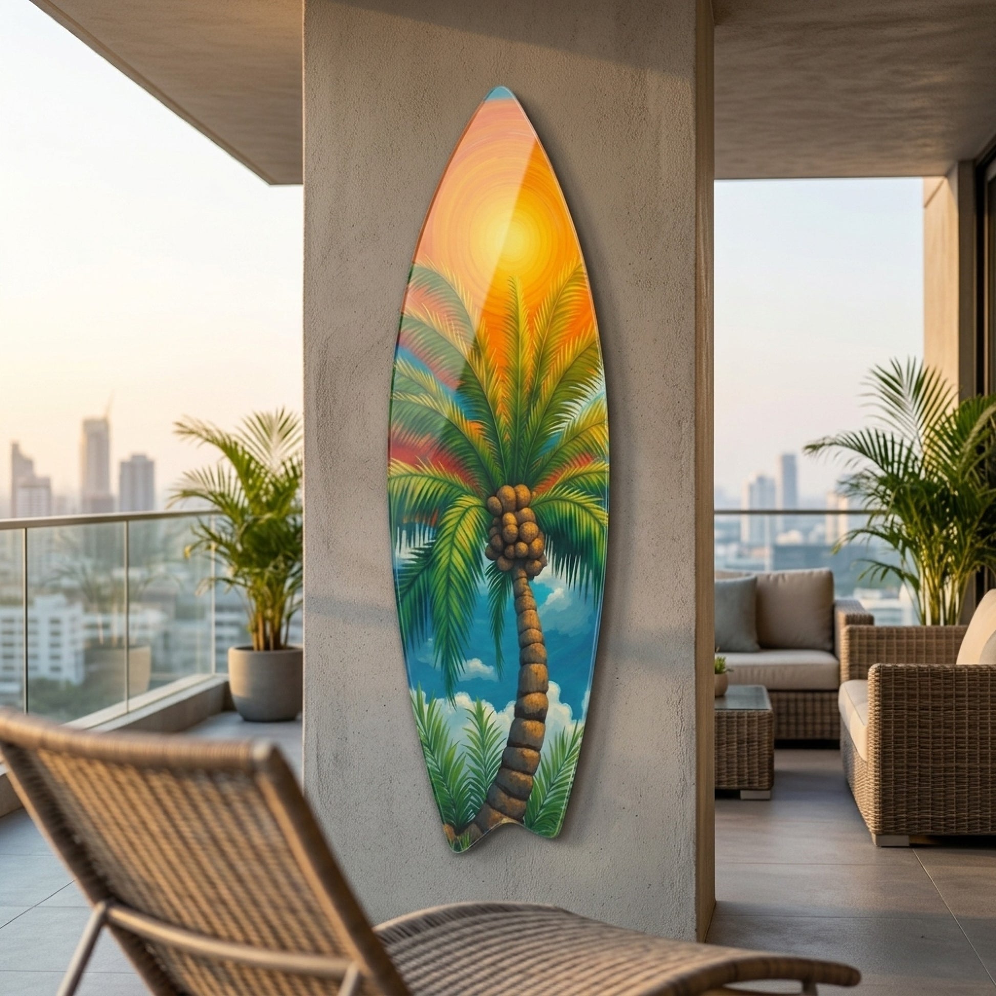 Renkli Tropikal Gunesli Palmiye Agaci Sanati Surf Board Cam Tablo