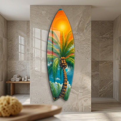 Renkli Tropikal Gunesli Palmiye Agaci Sanati Surf Board Cam Tablo