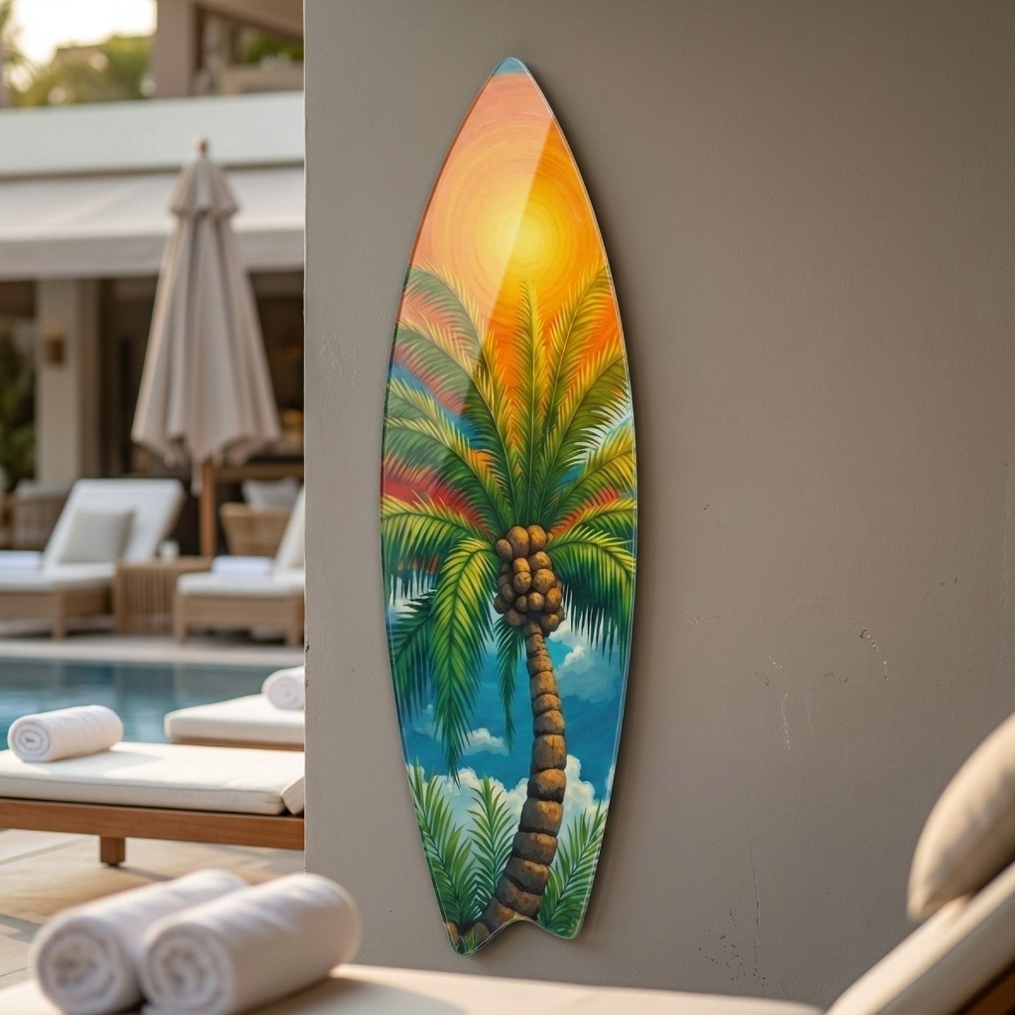 Renkli Tropikal Gunesli Palmiye Agaci Sanati Surf Board Cam Tablo