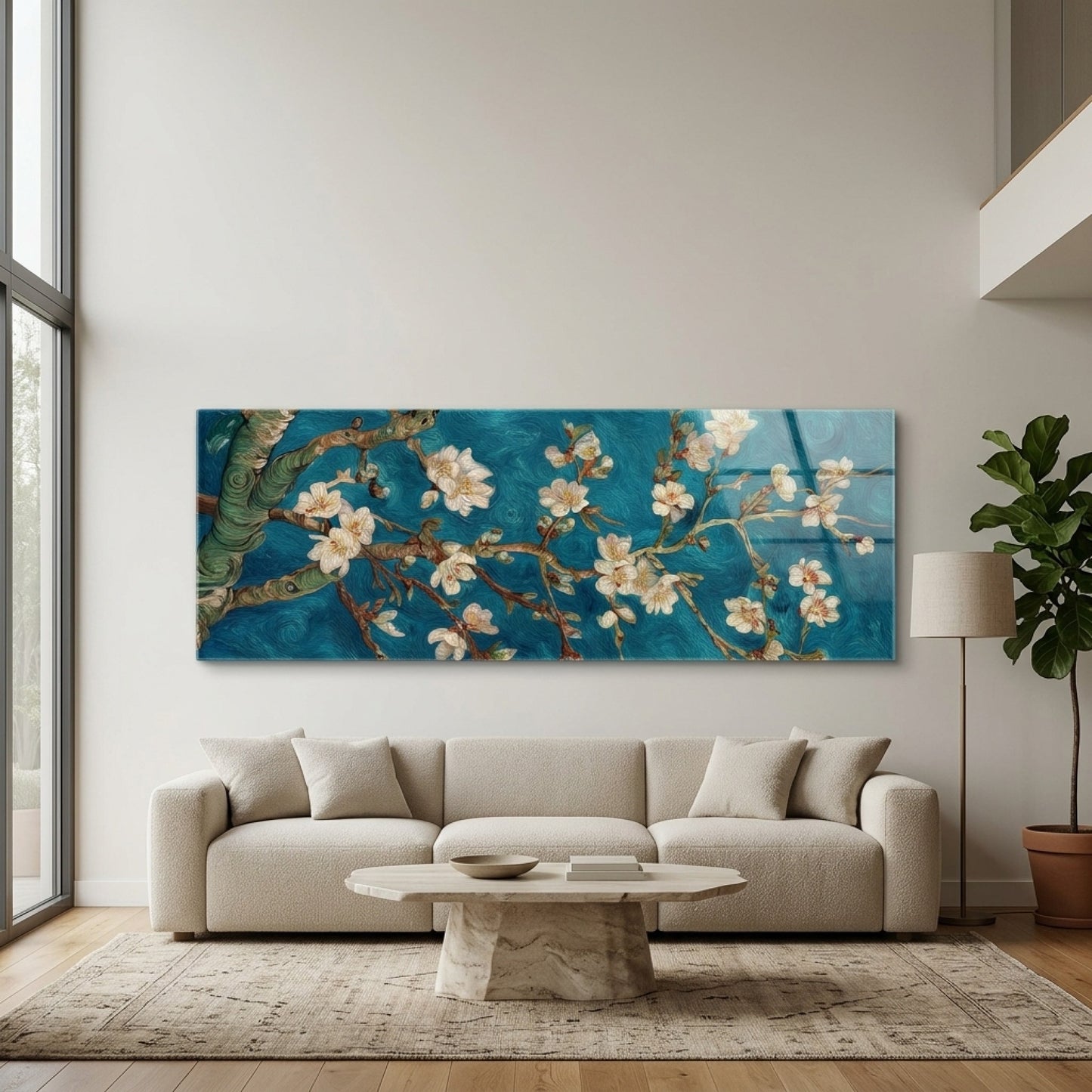 Van Gogh Badem Çiçekleri Mavi Panoramik Yatay Cam Tablo