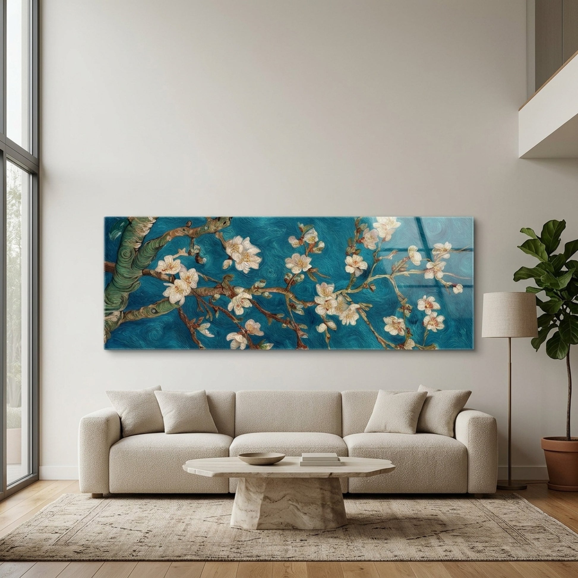 Van Gogh Badem Çiçekleri Mavi Panoramik Yatay Cam Tablo