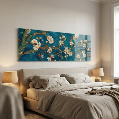 Van Gogh Badem Çiçekleri Mavi Panoramik Yatay Cam Tablo
