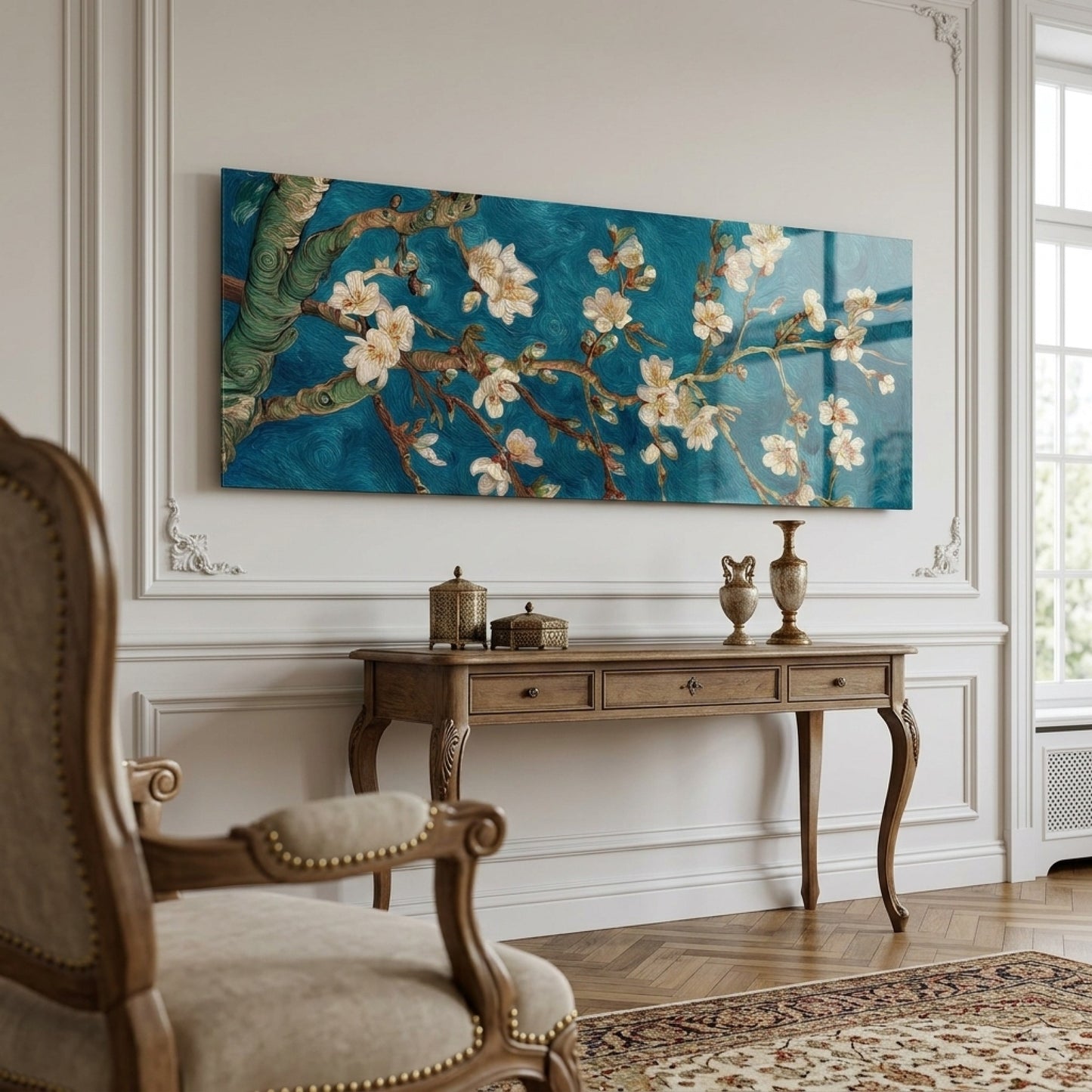 Van Gogh Badem Çiçekleri Mavi Panoramik Yatay Cam Tablo