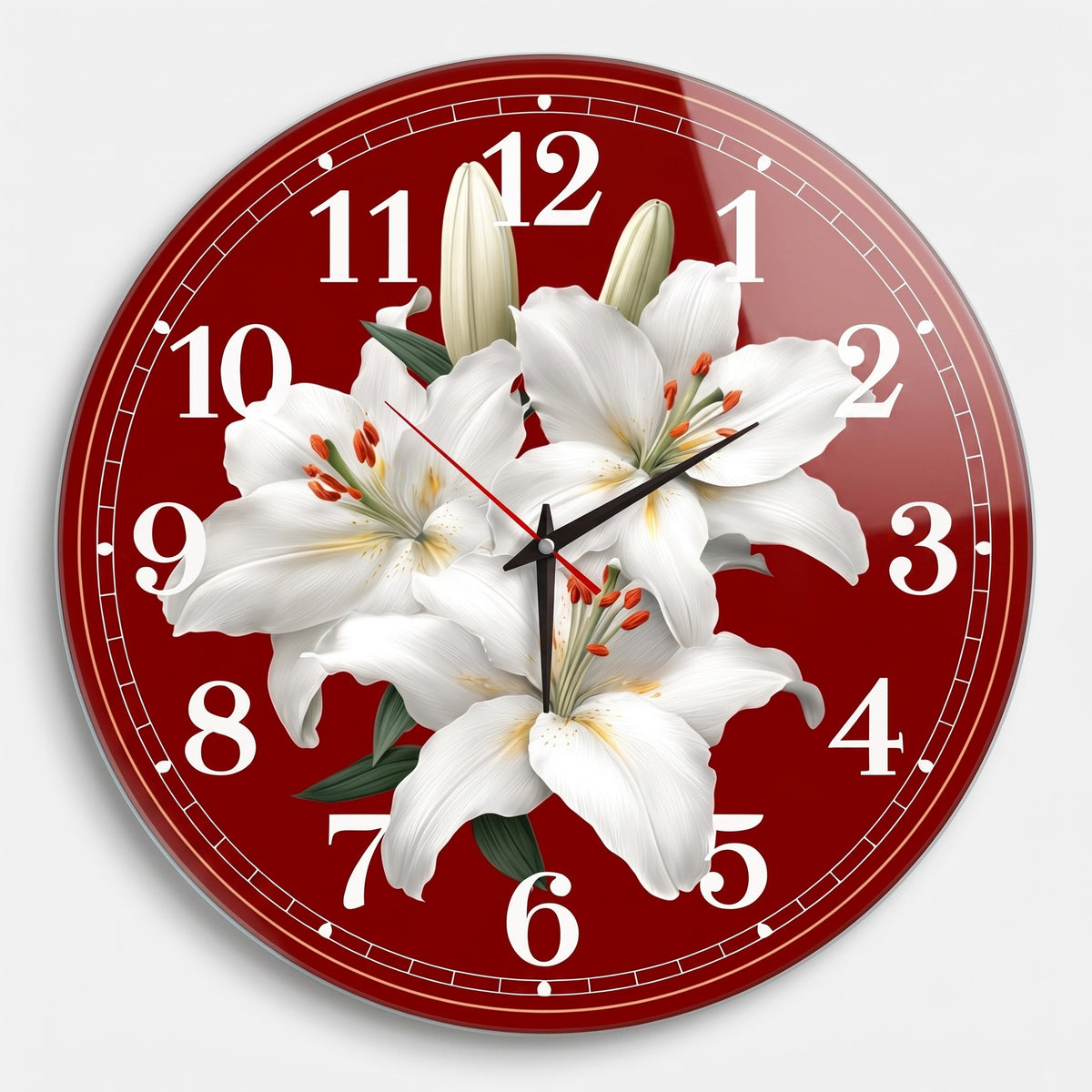 Beyaz Zambak Çiçekli Cam Saat
