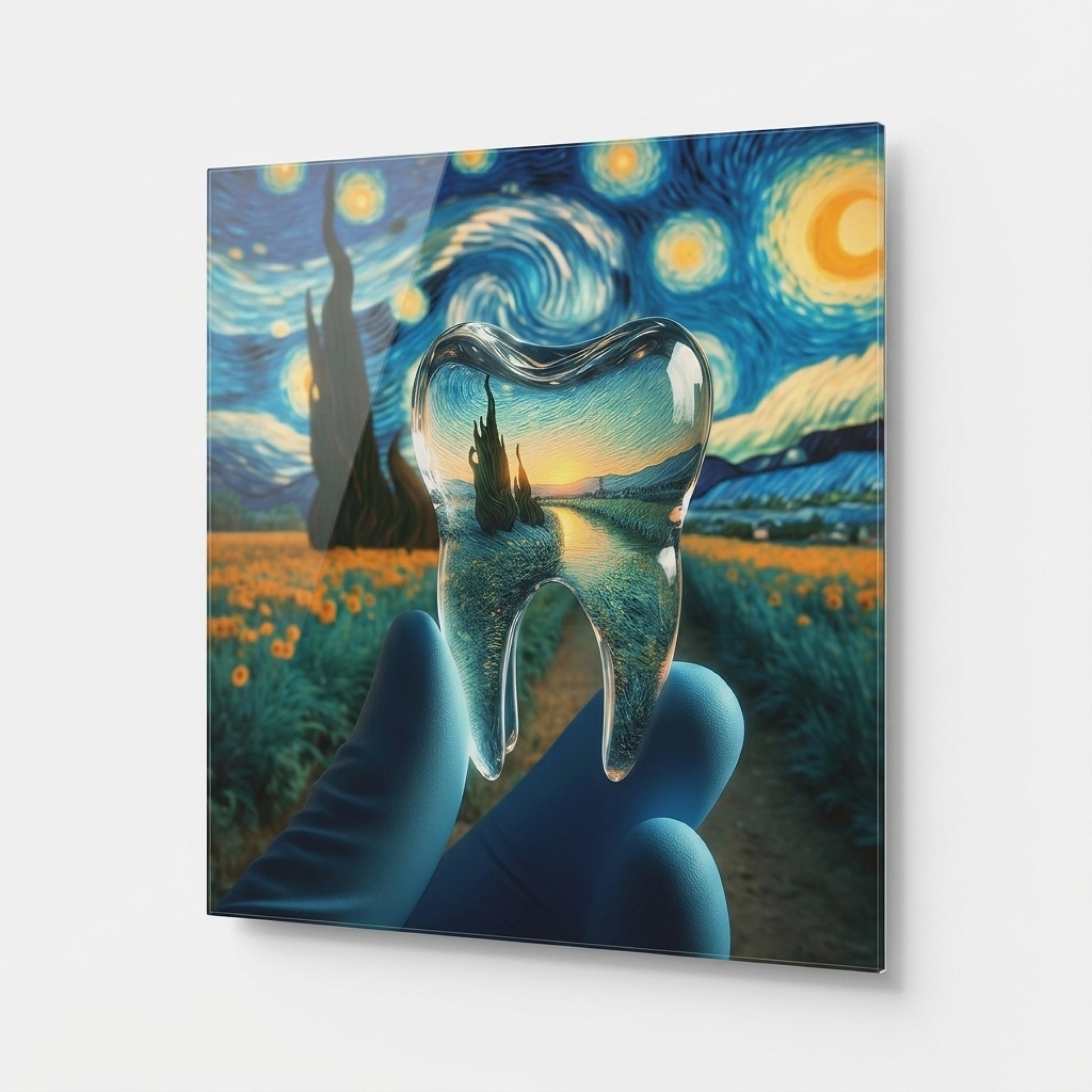 Van Gogh Esintili Şeffaf Diş Sanatı Kare Cam Tablo