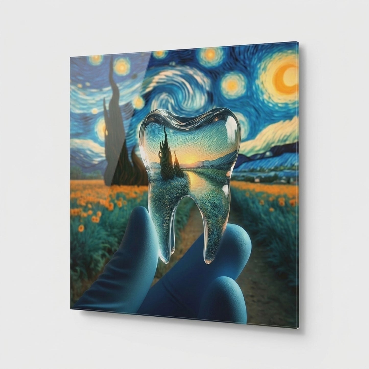 Van Gogh Esintili Şeffaf Diş Sanatı Kare Cam Tablo