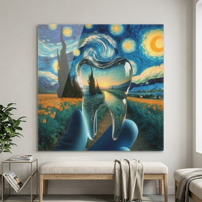 Van Gogh Esintili Şeffaf Diş Sanatı Kare Cam Tablo