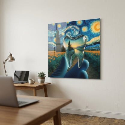 Van Gogh Esintili Şeffaf Diş Sanatı Kare Cam Tablo
