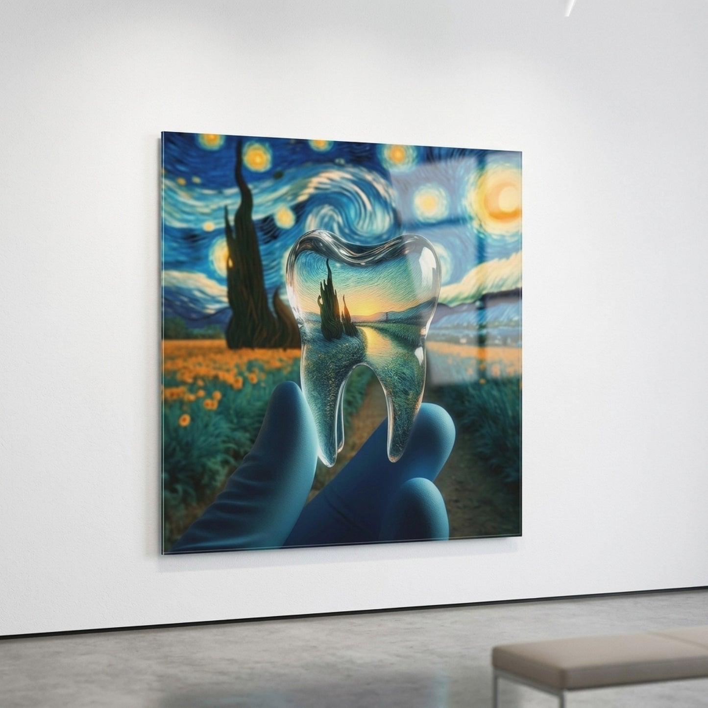 Van Gogh Esintili Şeffaf Diş Sanatı Kare Cam Tablo