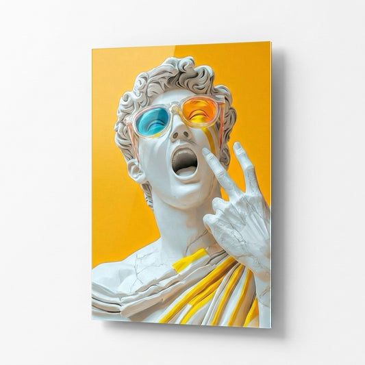 Pop Art David Heykeli Sarı Arka Plan Dikey Cam Tablo