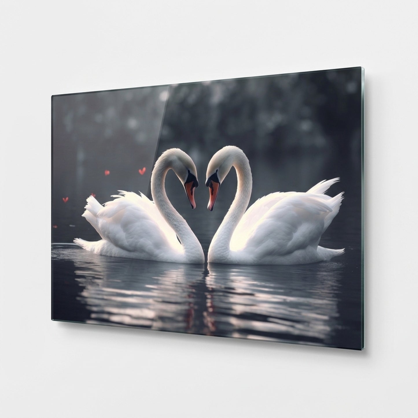 Romantik Kuğular Aşkın Kalbi Yatay Cam Tablo