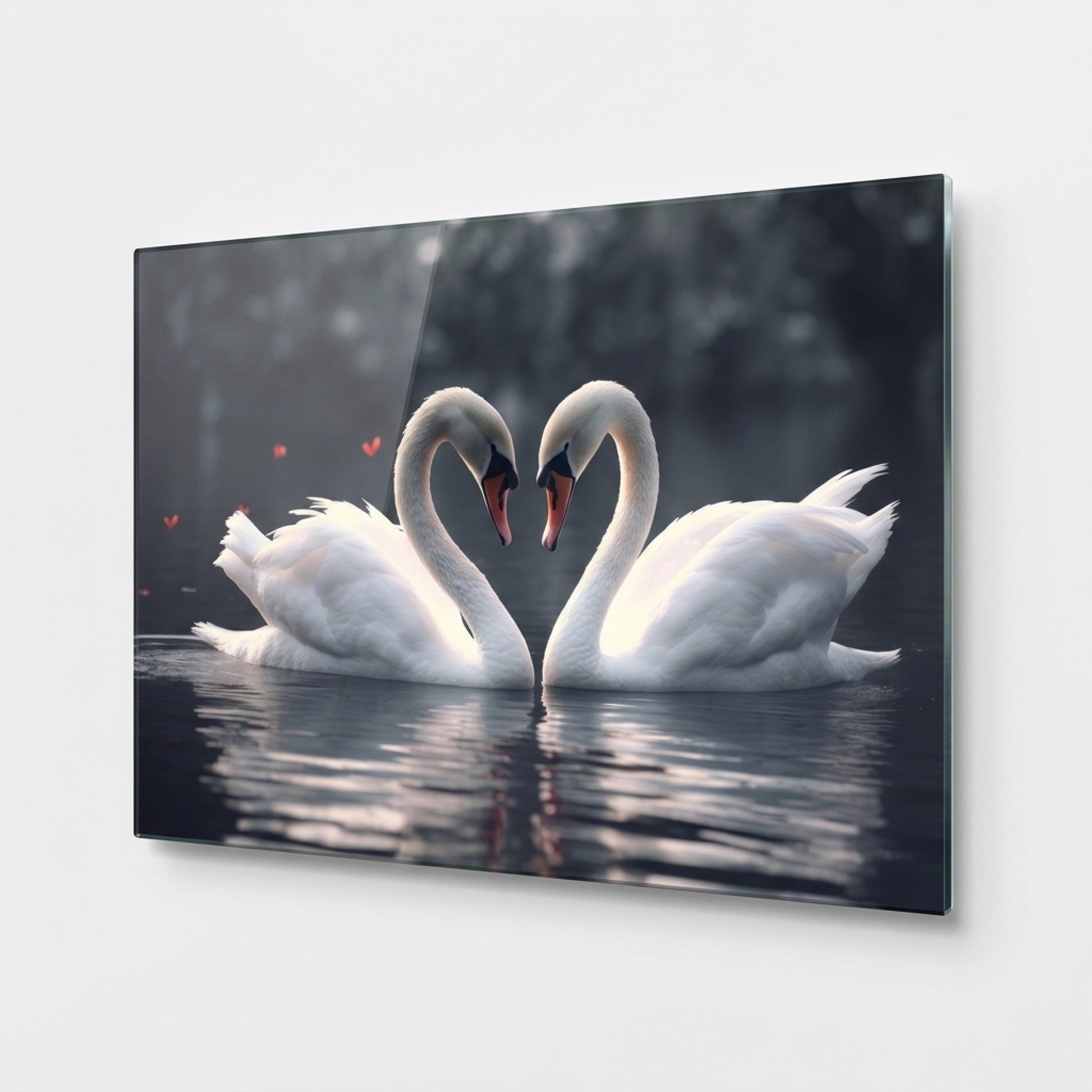 Romantik Kuğular Aşkın Kalbi Yatay Cam Tablo