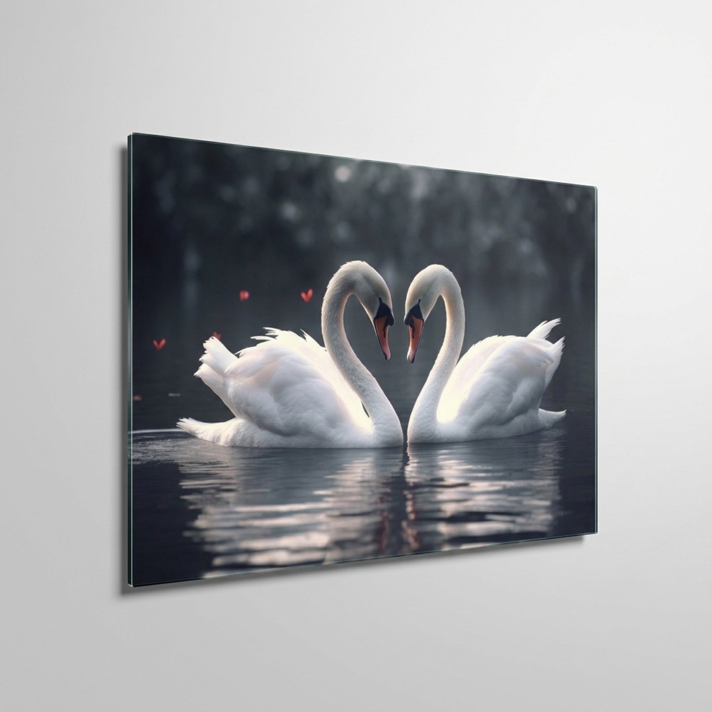 Romantik Kuğular Aşkın Kalbi Yatay Cam Tablo