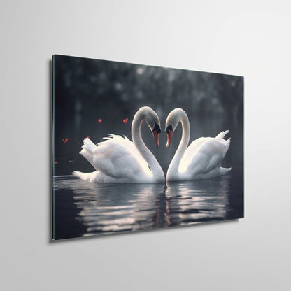 Romantik Kuğular Aşkın Kalbi Yatay Cam Tablo
