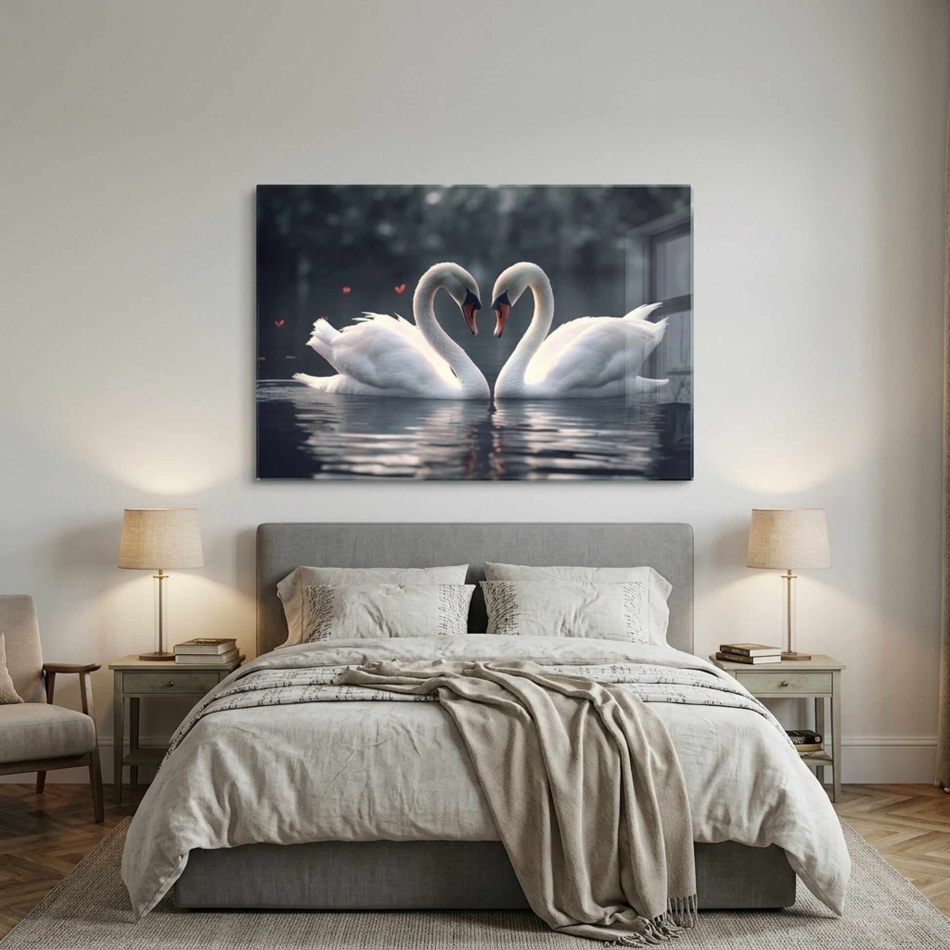 Romantik Kuğular Aşkın Kalbi Yatay Cam Tablo