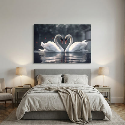 Romantik Kuğular Aşkın Kalbi Yatay Cam Tablo