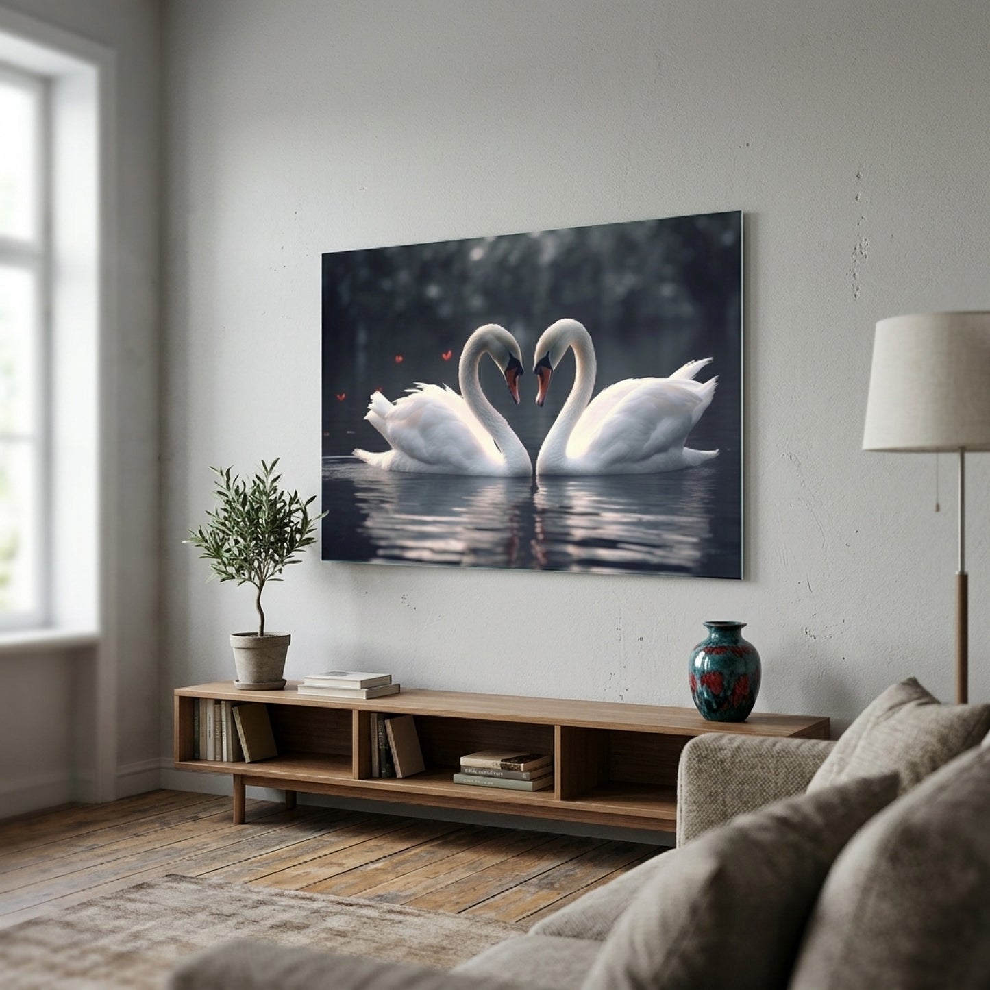 Romantik Kuğular Aşkın Kalbi Yatay Cam Tablo