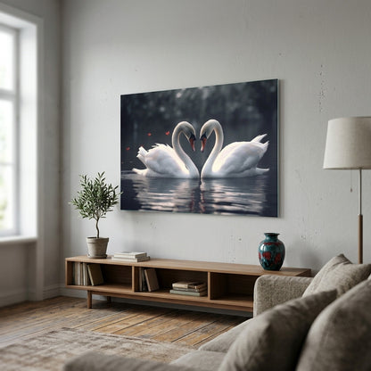 Romantik Kuğular Aşkın Kalbi Yatay Cam Tablo