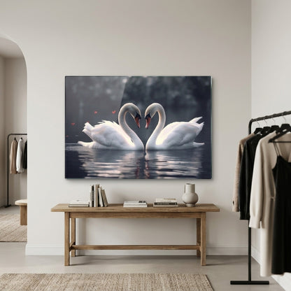 Romantik Kuğular Aşkın Kalbi Yatay Cam Tablo