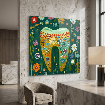 Renkli Çiçekli Diş Sanat Tasarımı Kare Cam Tablo