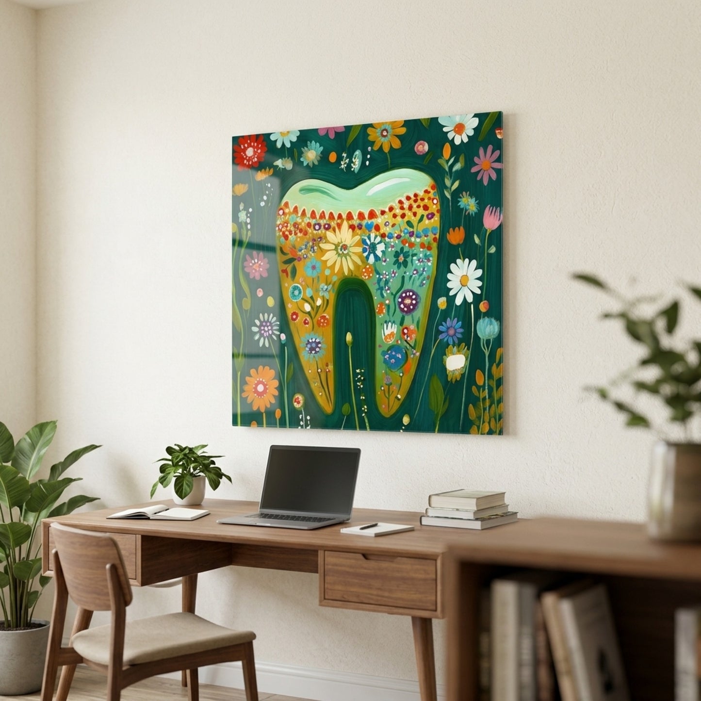 Renkli Çiçekli Diş Sanat Tasarımı Kare Cam Tablo