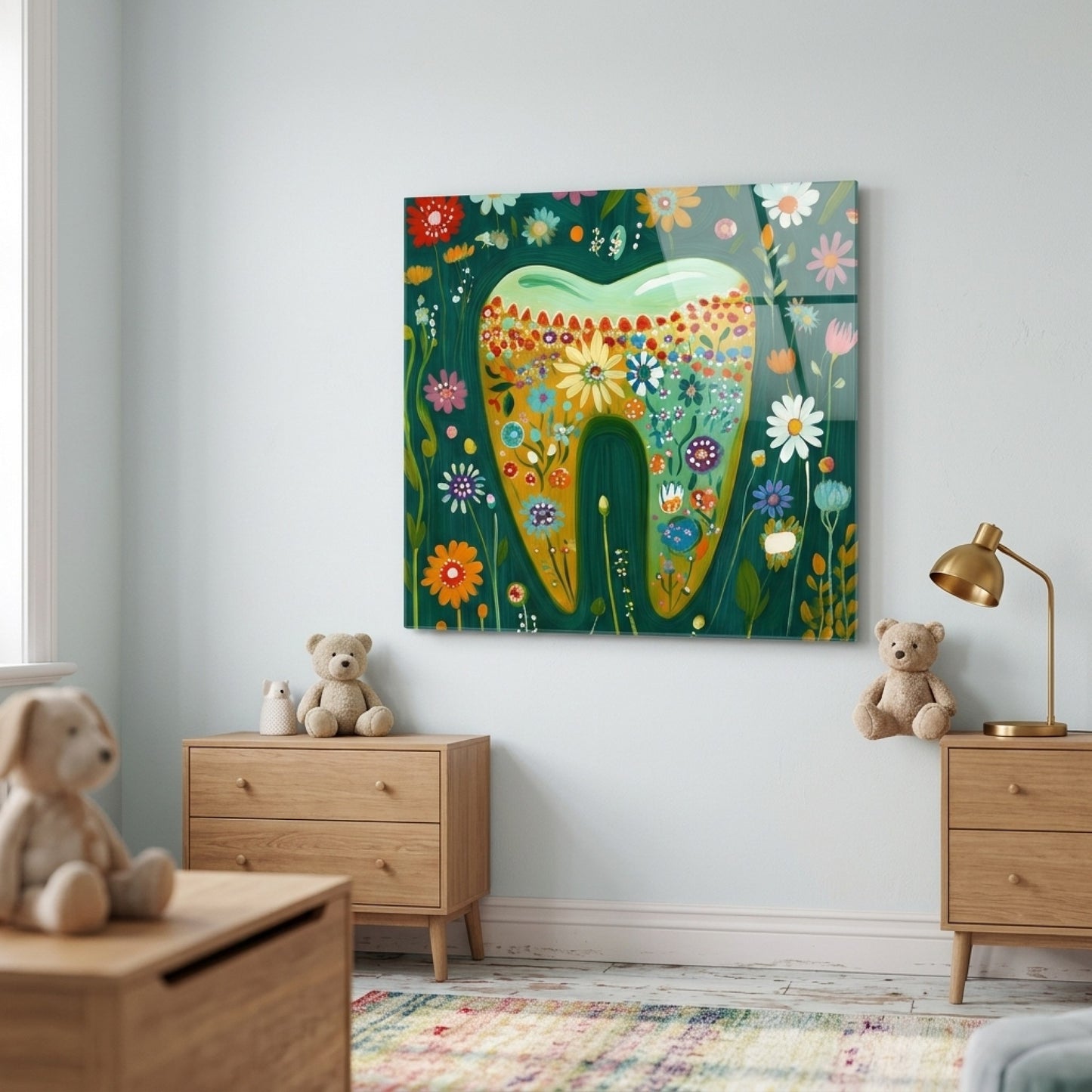 Renkli Çiçekli Diş Sanat Tasarımı Kare Cam Tablo