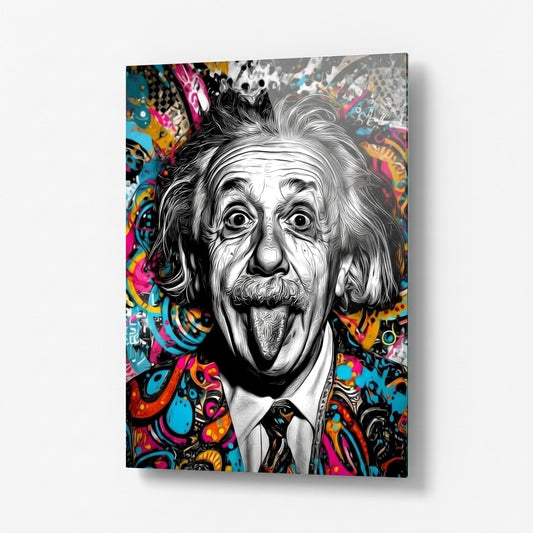 Pop Art Einstein Dil Çıkaran Renkli Portre Dikey Cam Tablo