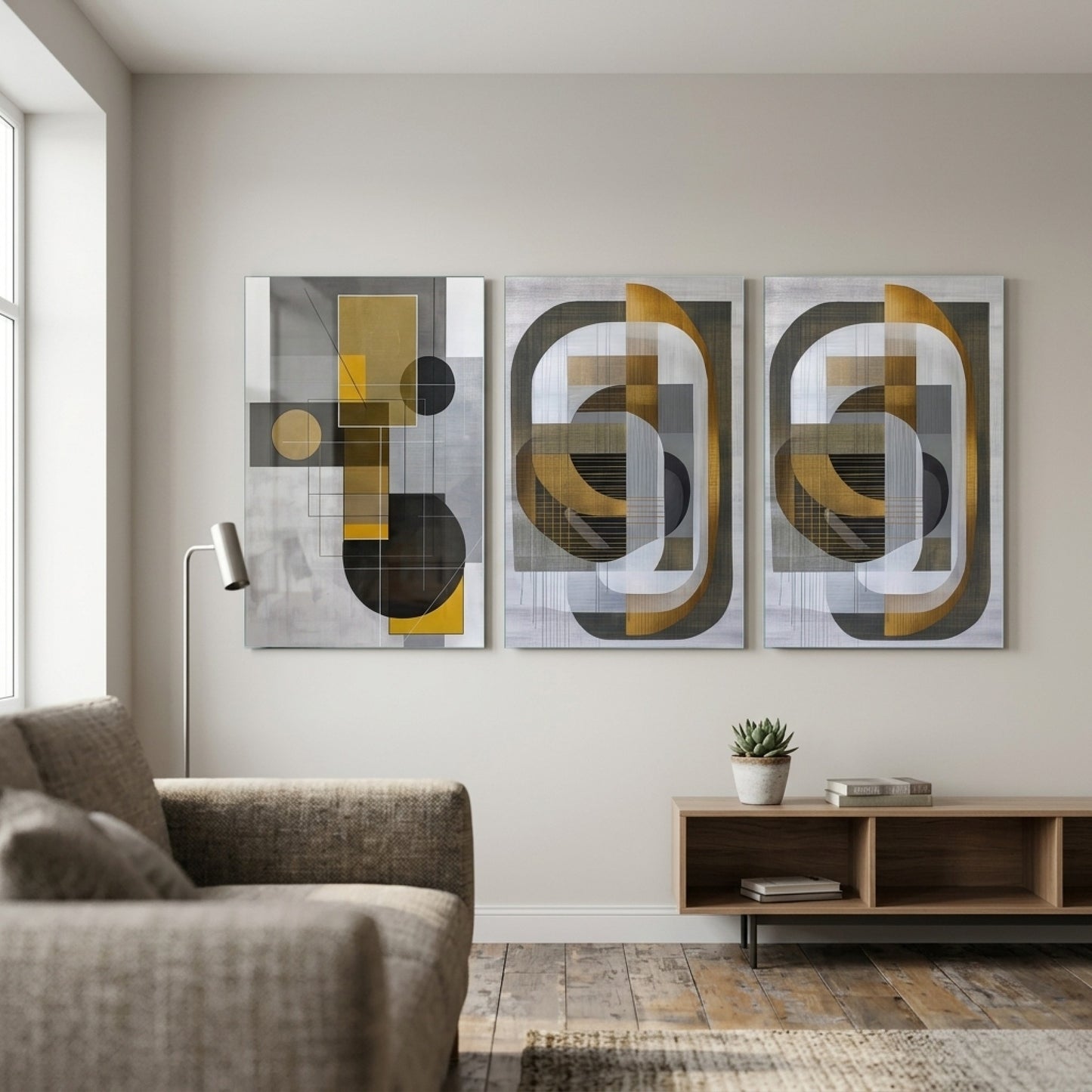 Modern Geometrik Altın Detaylı Dikey 3'lü Set Cam Tablo