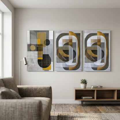 Modern Geometrik Altın Detaylı Dikey 3'lü Set Cam Tablo