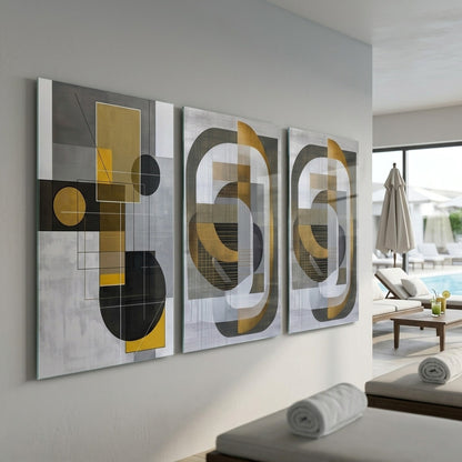 Modern Geometrik Altın Detaylı Dikey 3'lü Set Cam Tablo