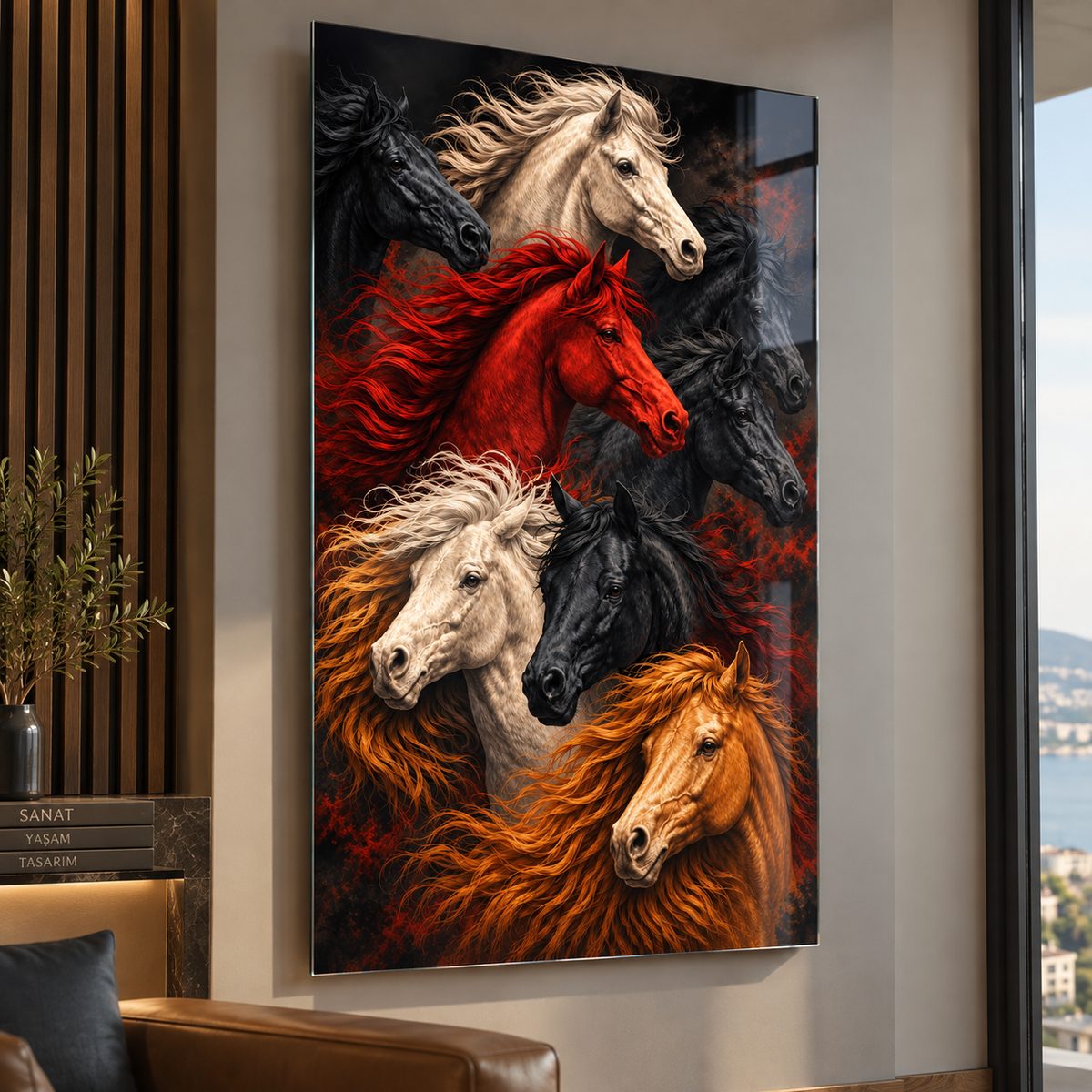 Renkli Atlar Portresi Dikey Cam Tablo farklı premium mekân ve kamera açısı