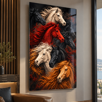 Renkli Atlar Portresi Dikey Cam Tablo farklı premium mekân ve kamera açısı