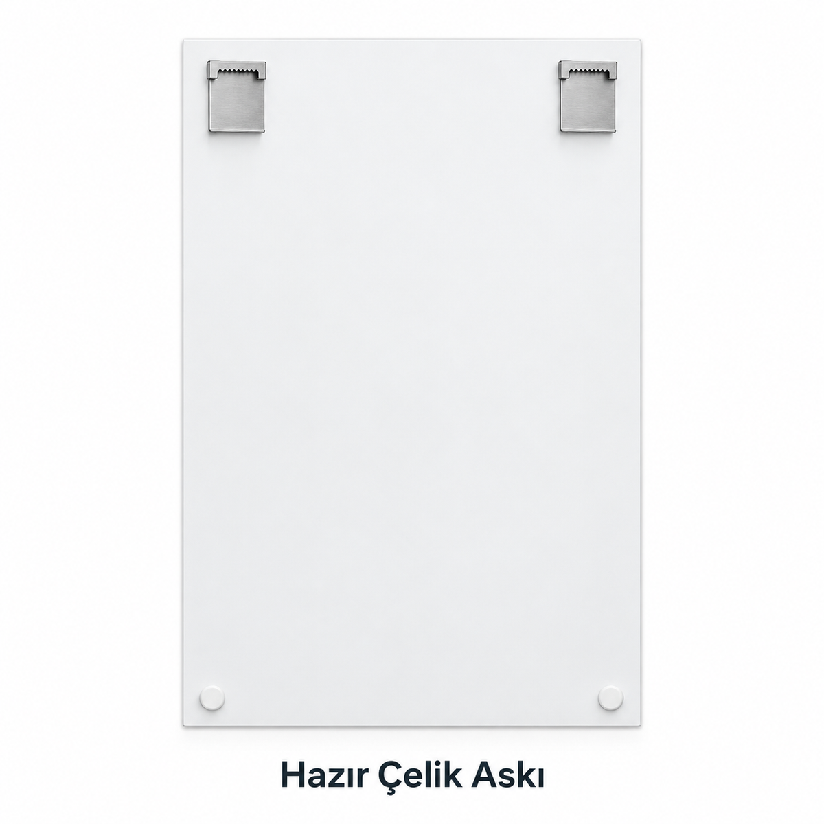 Dikey cam tablonun beyaz arka yüzü, üstte iki CAMDEKO çelik askı aparatı ve altta iki beyaz denge tamponu