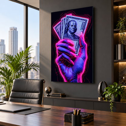 Neon pembe mor dolar tutan el dikey cam tablonun modern yönetici ofisinde örnek sergilenmesi