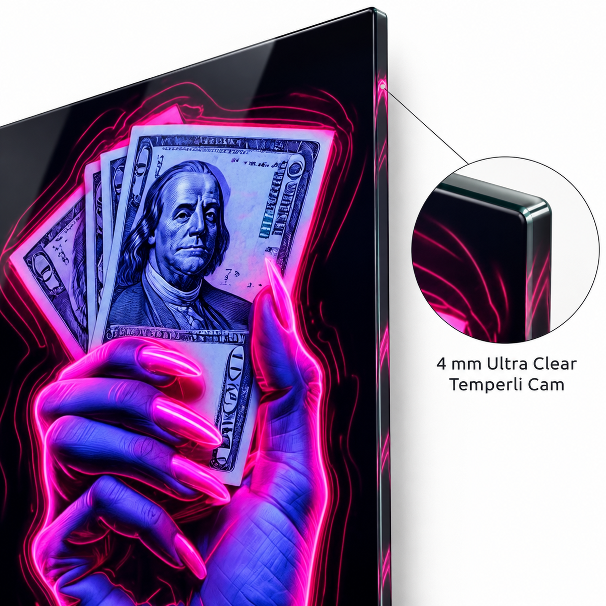 Neon dolar tutan el cam tablo, 4 mm Ultra Clear temperli cam ve rodajlı kenar detayı