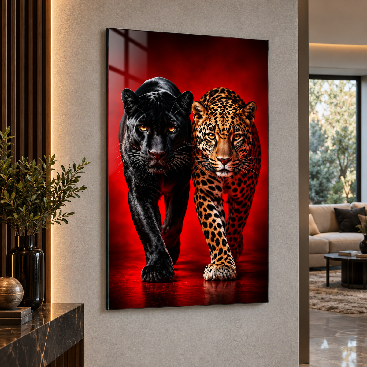 Siyah Panter ve Leopar Dikey Cam Tablo revize görsel 2
