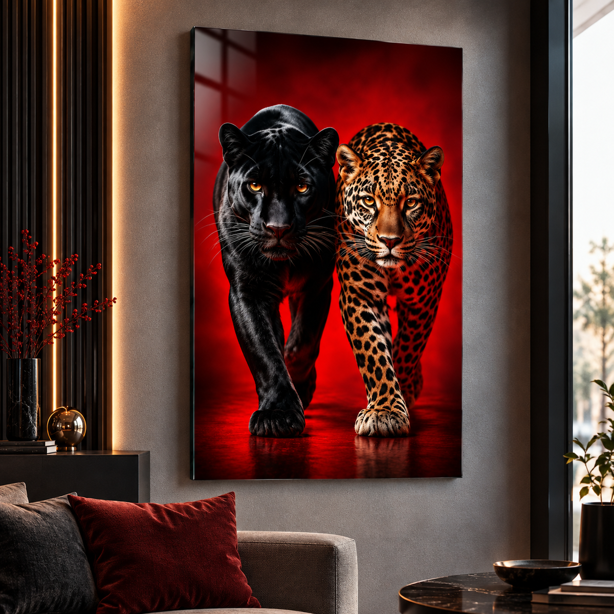 Siyah Panter ve Leopar Dikey Cam Tablo revize görsel 5