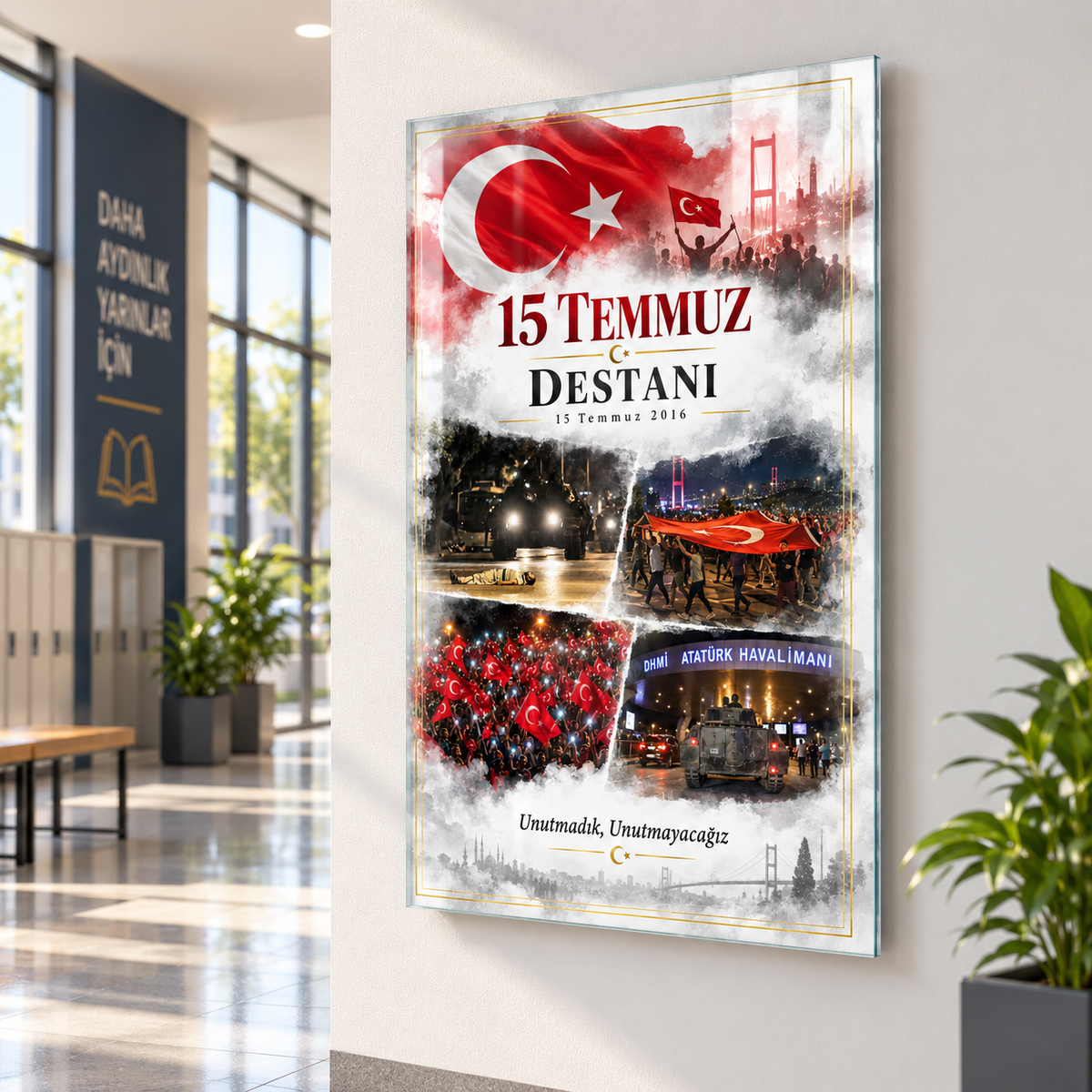 15 Temmuz Destanı dikey cam tablonun okul koridorunda örnek sergilenmesi