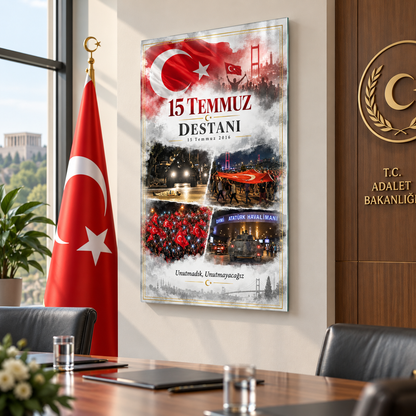 15 Temmuz Destanı dikey cam tablonun resmî kurum toplantı odasında örnek sergilenmesi