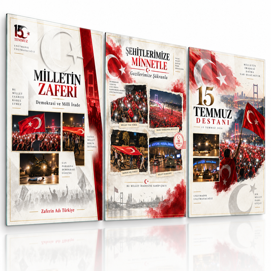 15 Temmuz Destanı üçlü dikey cam tablo setinin beyaz zeminde farklı açıdan ikinci vitrin görünümü