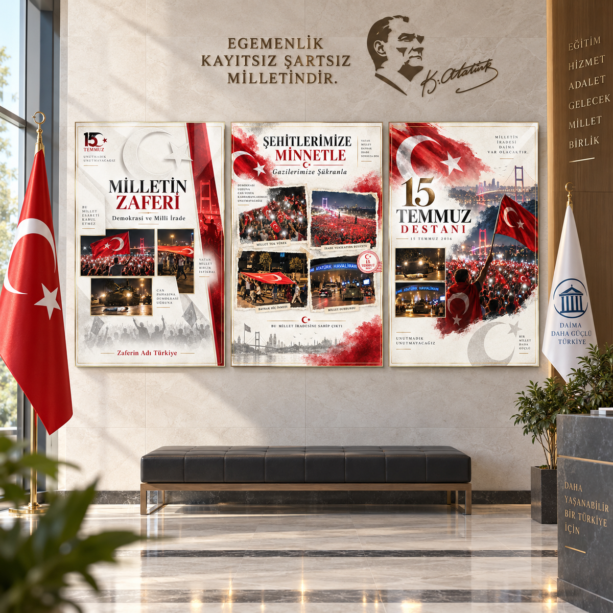 15 Temmuz Destanı üçlü dikey cam tablo setinin doğal gün ışıklı resmî kurum lobisinde örnek sunumu