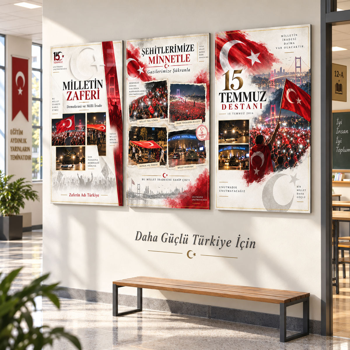 15 Temmuz Destanı üçlü dikey cam tablo setinin aydınlık okul koridorunda örnek sergilenmesi