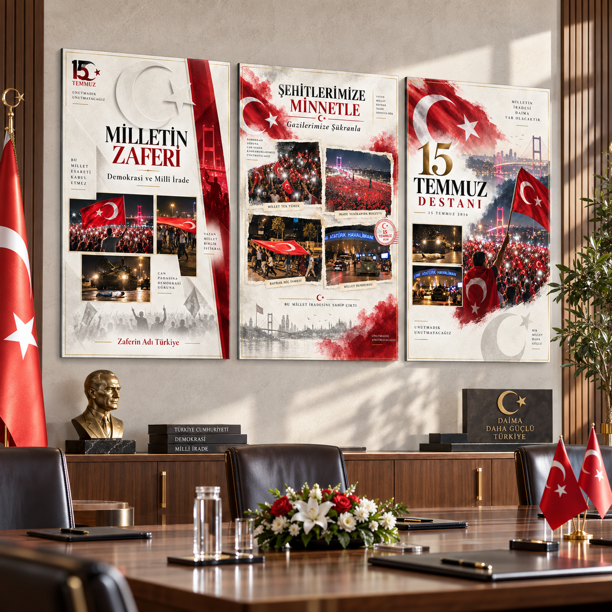 15 Temmuz Destanı üçlü dikey cam tablo setinin kurumsal toplantı salonunda örnek sunumu
