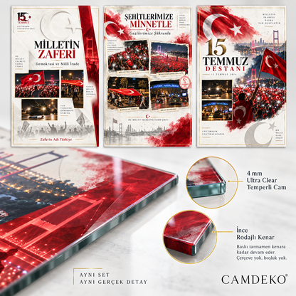 15 Temmuz Destanı üçlü cam tablo setinin Ultra Clear temperli cam ve rodajlı kenar detayını gösteren ürün görseli